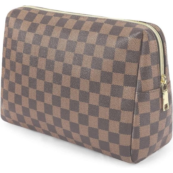 Women Toiletry Travel Organizer Portable Make Up Checkered Cosmetic Bags Brown - Picture 1 of 1